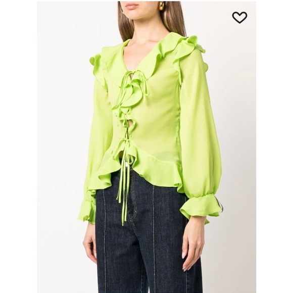 NWT Rokh Neon Green Ruffle Detail Button Down Blouse - Picture 1 of 11